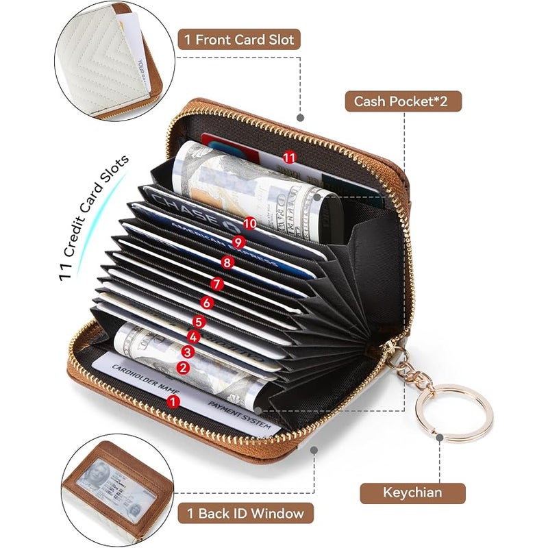 Bostanten Credit Card Holder Wallet RFID Blocking Leather Small Wallet for Women Zipper Keychain Wallet with Wristlet Beige＆Brown - Image 2
