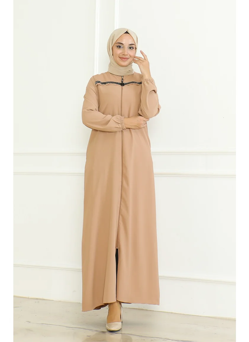 Sefa Merve Elastic Sleeve Zippered Abaya 0475-02 Milk Coffee