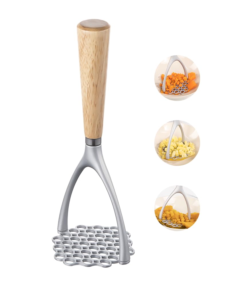 Brigii Potato Masher with Wooden Handle Manual Potato Press for Kitchen Tool Aluminum Alloy Potato Ricer For Fluffy Mashed Potato