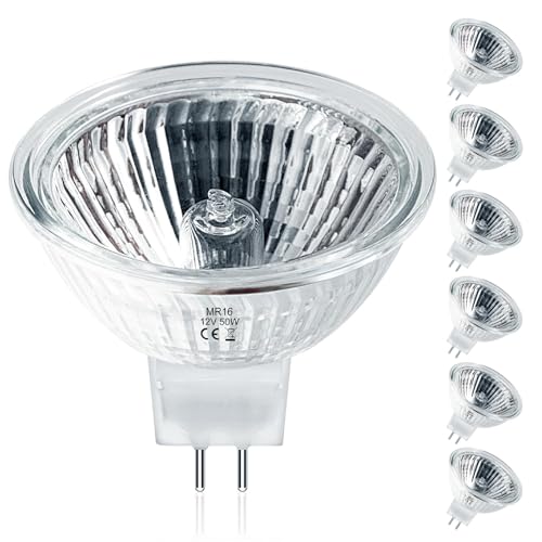Jaenmsa MR16 Halogen Bulbs 50W,6 Pack 12V 50W MR16 Light Halogen Bulbs 2 Pin GU5.3 Base Dimmable with Clear Glass Cover,High Output 2700K Warm White mr16 Light Bulb for Landscape Lights, Track Lights - Image 1