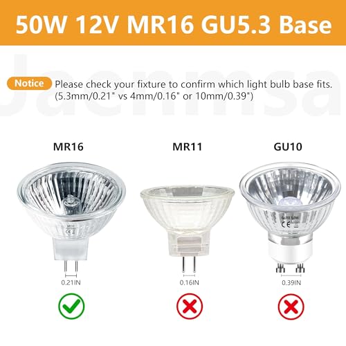 Jaenmsa MR16 Halogen Bulbs 50W,6 Pack 12V 50W MR16 Light Halogen Bulbs 2 Pin GU5.3 Base Dimmable with Clear Glass Cover,High Output 2700K Warm White mr16 Light Bulb for Landscape Lights, Track Lights - Image 3