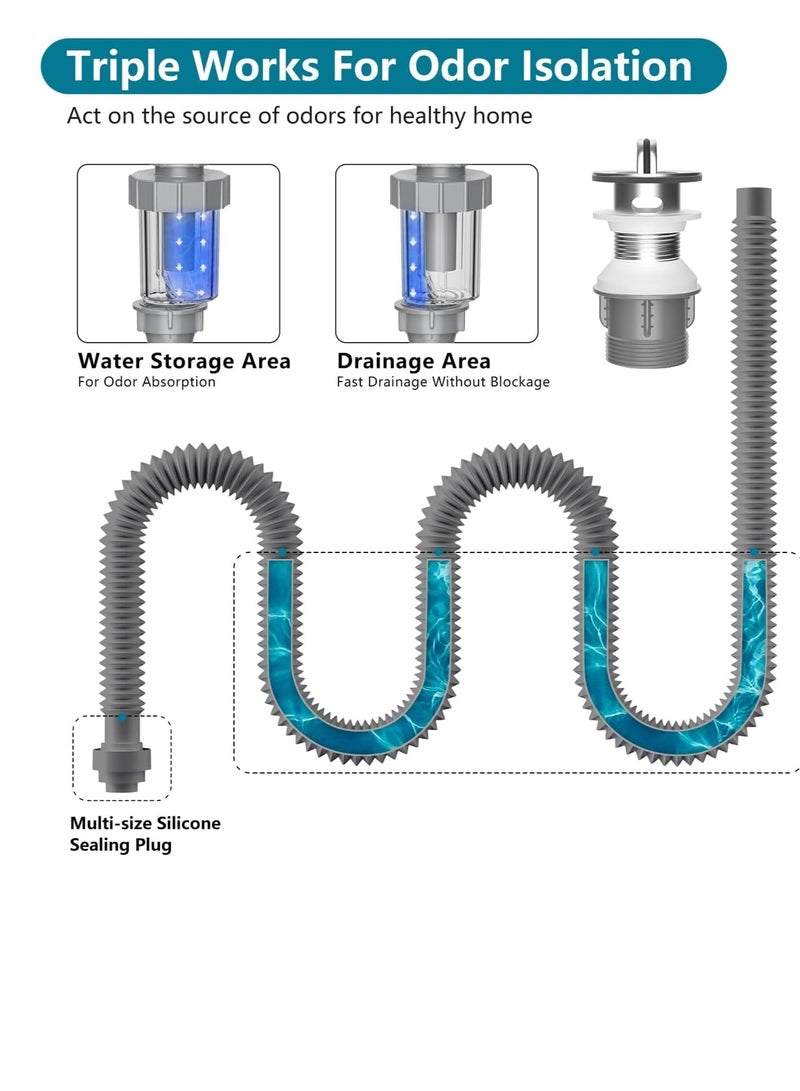 KASTWAVE Bathroom Sink Drain Kit with Pop-up Sink Drain Stopper Assembly, Flexible Expandable P-trap, Flexible Expandable P-trap Sink Drain Pipe - Image 3
