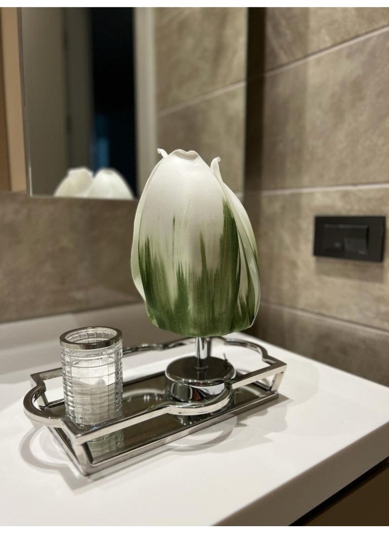 Maison Avf - Dekor Artificial Eva Tulip Model Wireless Table Lamp Top White Green-Bottom Silver (9V Battery 75-90 Hours) - Image 1