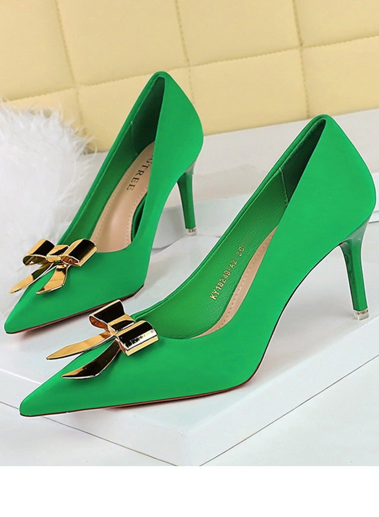 BIGTREE Women's Metal Bowknot Decoration Party Stiletto Pumps Satin Pointed Closed Toe High Heels Green 7.5CM