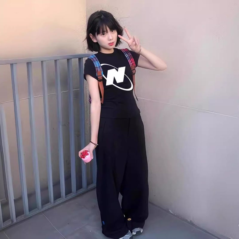 High Street Retro Letter Printed Right Shoulder Short-Sleeved T-Shirt For Women Summer Design Niche Tight Top - Image 4