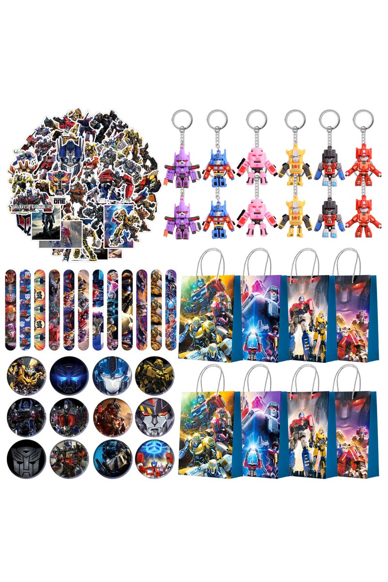 FRUITFUL PARTY Transformers Party Favors for 12 Guests, 110pcs All-In-One Transformers Favors Pack Including Transformers Theme Keychain Bags Stickers Brooch Slap Bands etc Transformers Birthday Party Favors for Boys Kids - Image 1