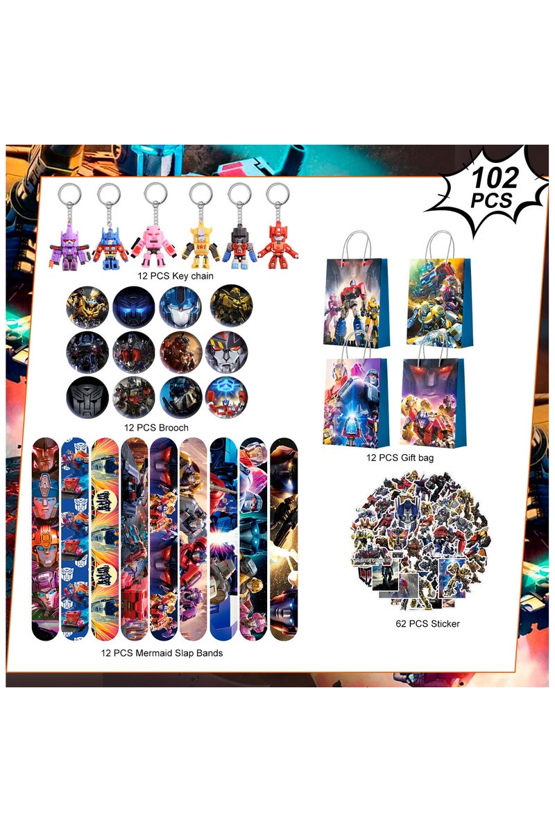 FRUITFUL PARTY Transformers Party Favors for 12 Guests, 110pcs All-In-One Transformers Favors Pack Including Transformers Theme Keychain Bags Stickers Brooch Slap Bands etc Transformers Birthday Party Favors for Boys Kids - Image 2