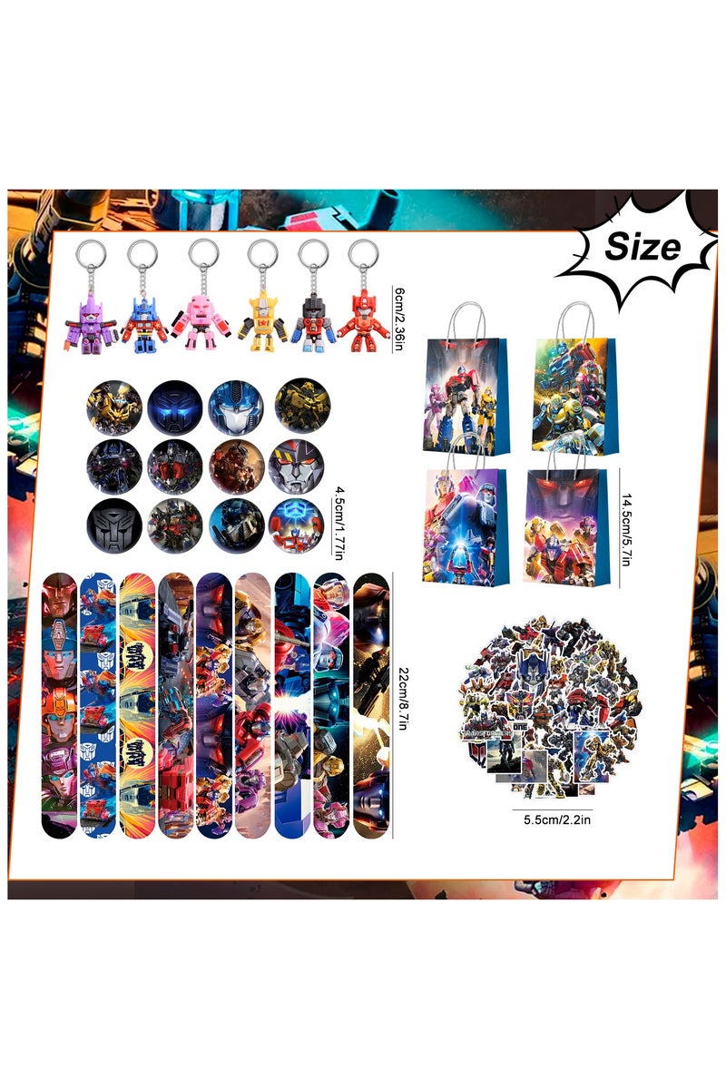 FRUITFUL PARTY Transformers Party Favors for 12 Guests, 110pcs All-In-One Transformers Favors Pack Including Transformers Theme Keychain Bags Stickers Brooch Slap Bands etc Transformers Birthday Party Favors for Boys Kids - Image 3