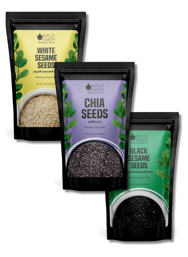 BLISS OF EARTH Chia, White Sesame & Black Sesame Seeds Combo for Eating, Plant-Based Seeds for Smoothies, Deserts, Salads & Baking, High Protein Superfood Seed Mix, Calcium & Omega-3 Rich – 200g Each - Image 1
