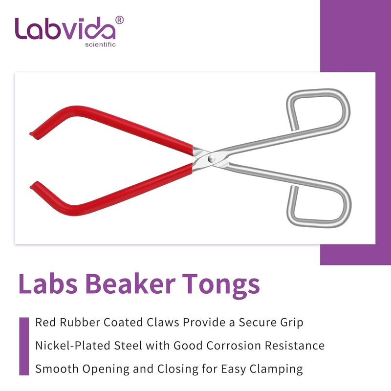 Labvida Labs Beaker Tongs, Red Rubber Coated Ends, Nickel Plated 1/4" Steel, for 50mL - 2000mL Capacity, Durable Beaker Clip Pliers Tool Used in Laboratories and Household - Image 3