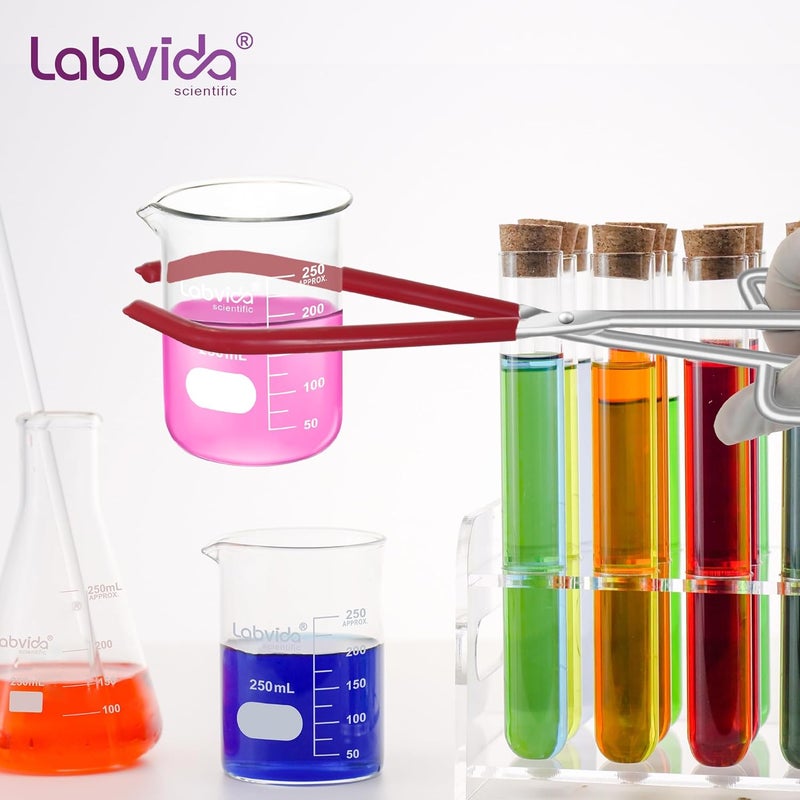 Labvida Labs Beaker Tongs, Red Rubber Coated Ends, Nickel Plated 1/4" Steel, for 50mL - 2000mL Capacity, Durable Beaker Clip Pliers Tool Used in Laboratories and Household - Image 2