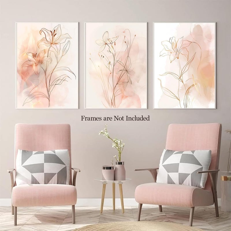 Djmwtb Floral Poster Gold Botanical Flower Wall Art Prints Pink Modern Aesthetic Pictures Minimalist Line Canvas Painting Elegant Wall Decor 3 Pcs for Bedroom Bathroom Living Room 12X16in Unframed - Image 3