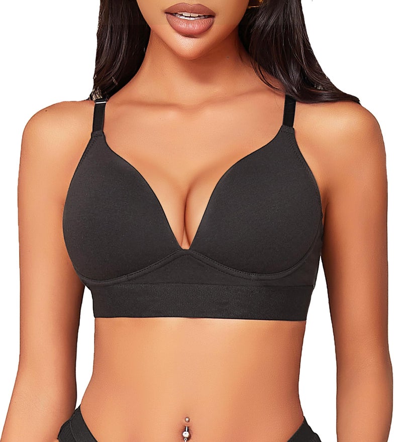 Sth Big Bras for Women No Underwire Comfort Cotton Bralette Lightly Lined Wireless Bra Sexy V Neck Bralettes for Women Black - Image 1