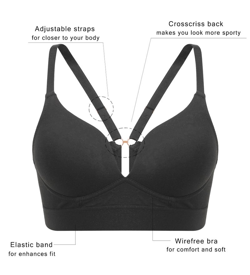 Sth Big Bras for Women No Underwire Comfort Cotton Bralette Lightly Lined Wireless Bra Sexy V Neck Bralettes for Women Black - Image 3