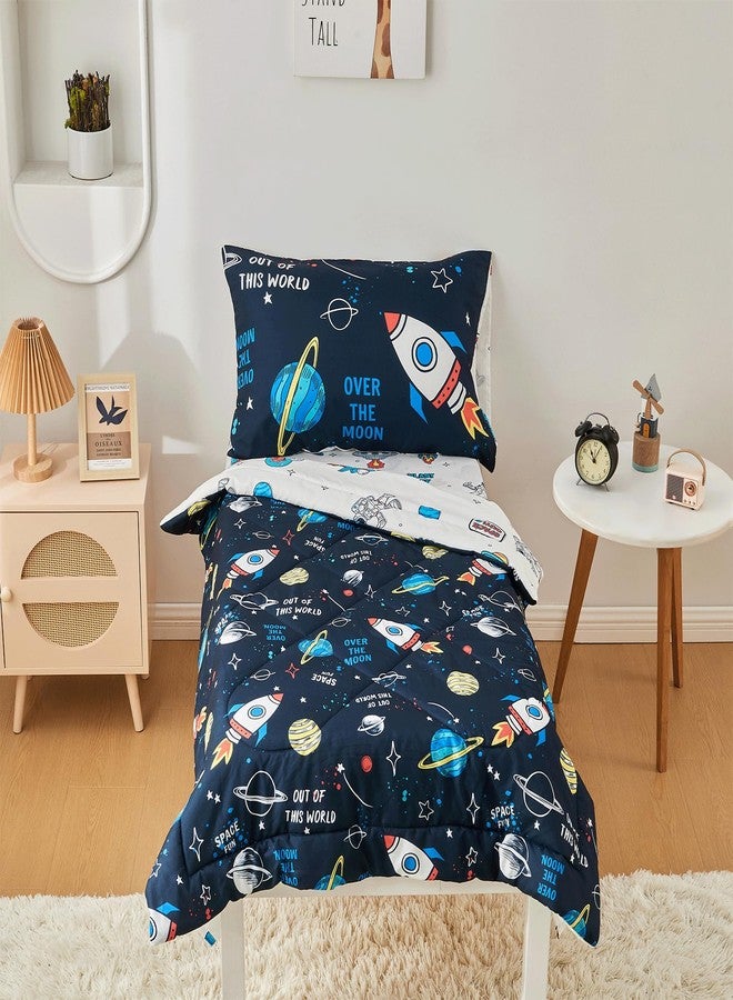 beeweed 4 Pieces Space Ship Toddler Bedding Set Boys Girls, 2 Sides Design Rocket Bed in a Bag Comforter Set, Includes 1 Comforter, 1 Fitted Sheet, 1 Flat Sheet & 1 Reversible Pillowcase - Image 1