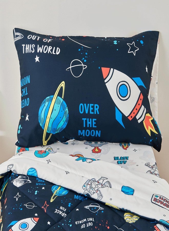 beeweed 4 Pieces Space Ship Toddler Bedding Set Boys Girls, 2 Sides Design Rocket Bed in a Bag Comforter Set, Includes 1 Comforter, 1 Fitted Sheet, 1 Flat Sheet & 1 Reversible Pillowcase - Image 2