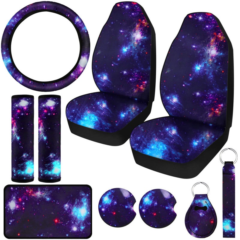 10 Pcs Galaxy Car Seat Covers Set Steering Wheel Front Seat Cover Cup Holder Keyring Belt Pads Wrist Strap Print Car Decor Accessories for Vehicle