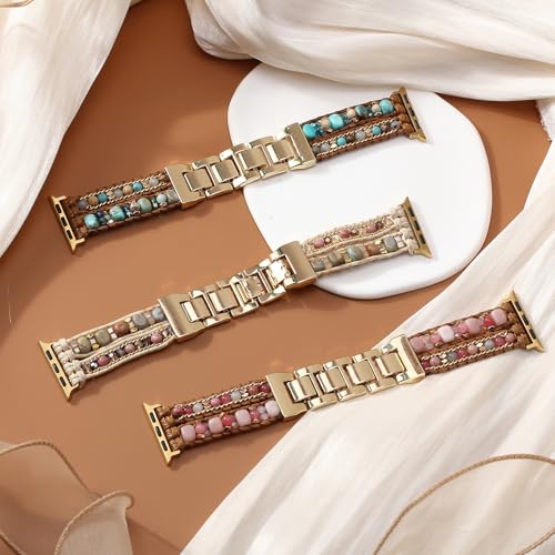 Wingoden Bracelet Bands Compatible with Fitbit Versa 4/3/Sense 2/Sense Band for Women, Leather Beaded Watch Strap Natural Stone Wrap Boho Watch Band for Fitbit Versa 4 Bands Replacement, Beige Beads - Image 5