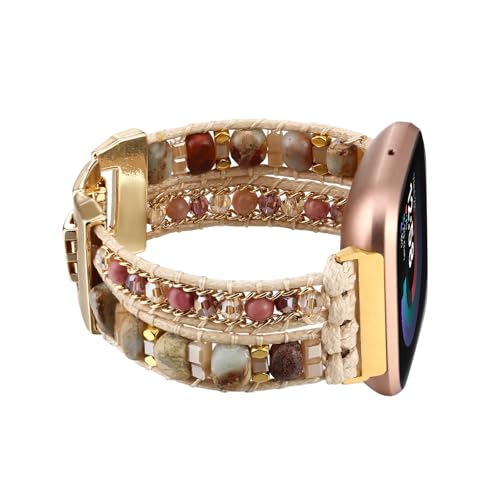 Wingoden Bracelet Bands Compatible with Fitbit Versa 4/3/Sense 2/Sense Band for Women, Leather Beaded Watch Strap Natural Stone Wrap Boho Watch Band for Fitbit Versa 4 Bands Replacement, Beige Beads - Image 1