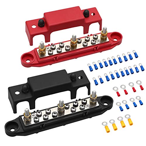 Mofeez Bus Bar 3 x 1/4” Post 10 x #8 Screw Terminal Power Distribution Block for Car Boat Marine (Red & Black) - Image 1