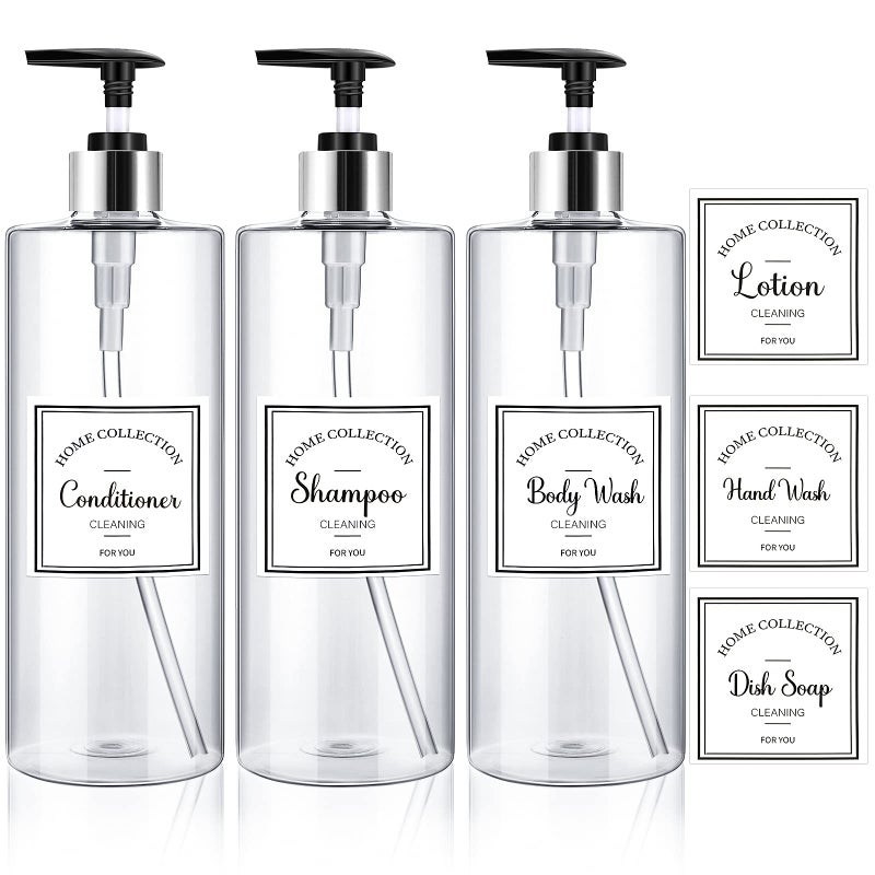 3 Pieces Pump Bottle Set 25 oz Shampoo and Conditioner Dispenser Plastic Refillable Soap Dispenser with 6 Label Sticker for Bathroom Lotion Body WashBlack and Silver 25 oz