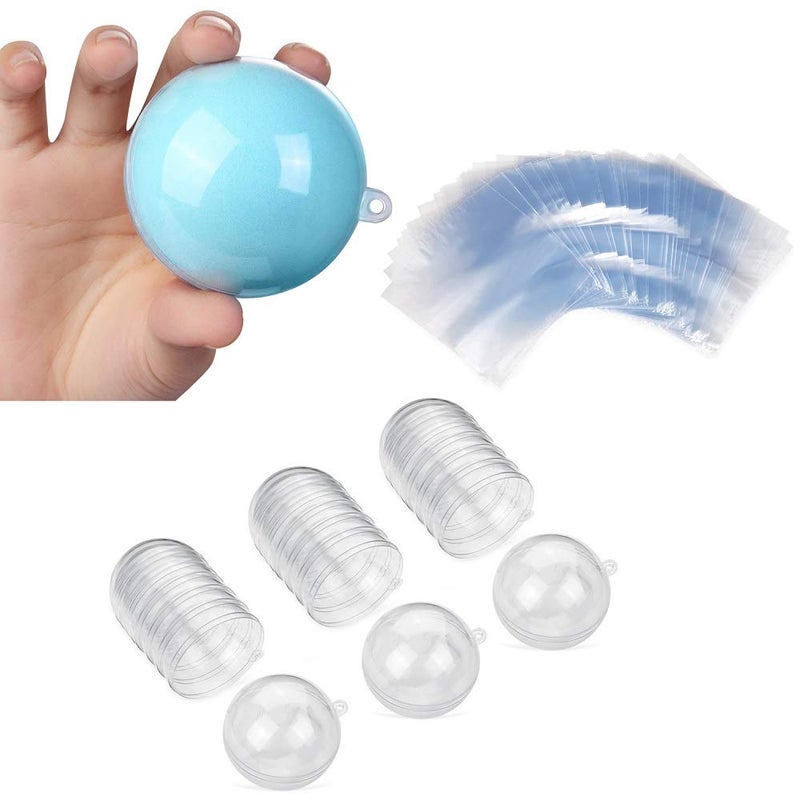 AOMGD 15 Set 30 Pieces 60mm DIY Bath Bomb Crafting Mold with 50 pcs 6 x 6 Inch Shrink Wrap BagsClear Plastic Fillable Ball Ornament with Hook Wedding Decorations Party Decor