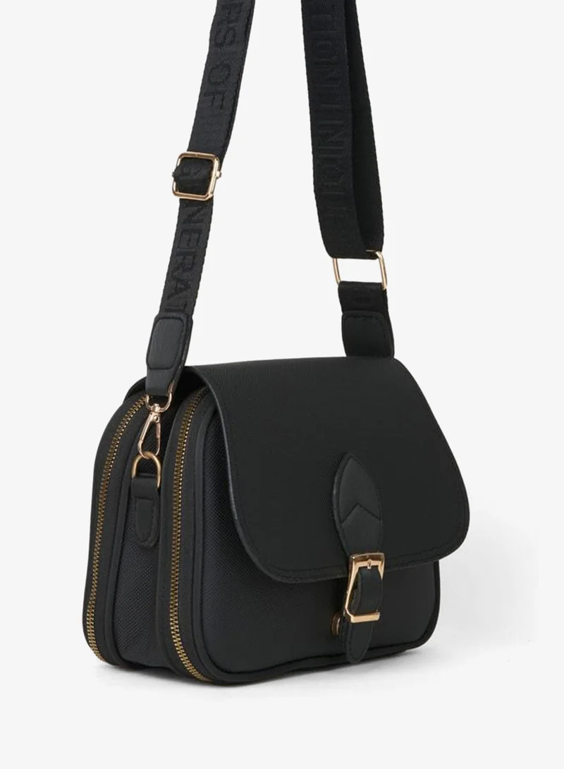 Women's Yonca Black 4-Pocket Cover Column Strap Zipper and Click-Click Closure Hand and Shoulder Bag.