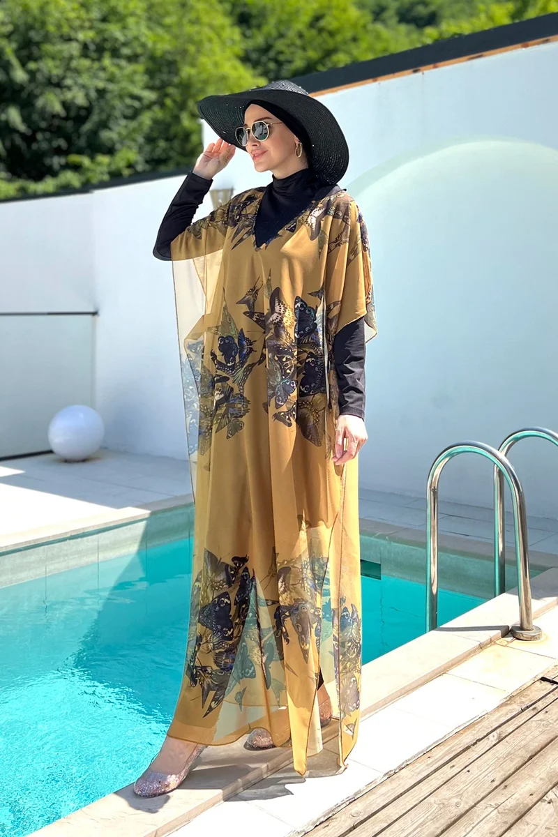 Remsa Mayo Remsa Swimsuit Remsa Modest Swimsuit Patterned Single Kaftan Pareo 430-310 Butterfly