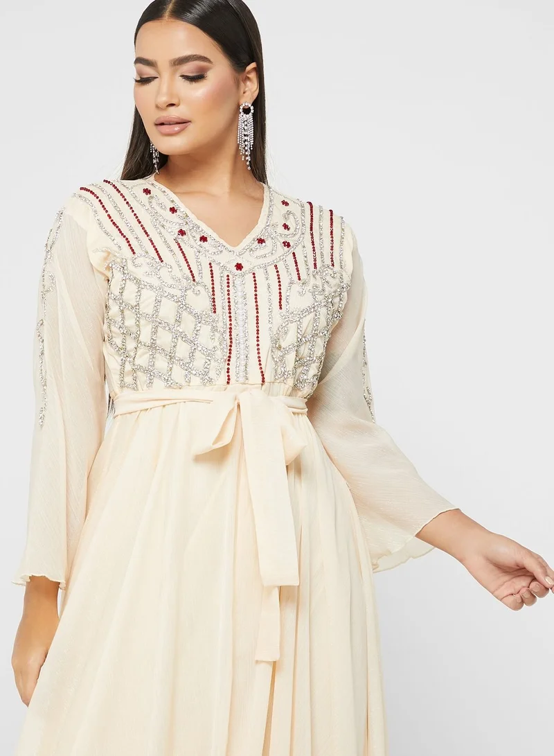 hayas closet Flute Sleeve Embellished Tiered Dress