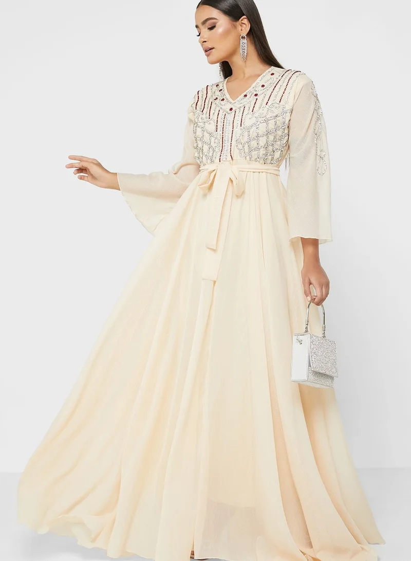 hayas closet Flute Sleeve Embellished Tiered Dress