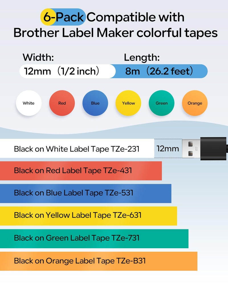 Anycolor Replace for Brother Label Maker Tape TZe TZ Tape 12mm 0.47 Laminated Color P Touch Label Tape for Brother PT-D210 PT-H110 PT-D220 PT-D610BT PT-D600, White/Orange/Red/Blue/Yellow/Green, 6-Pack - Image 2