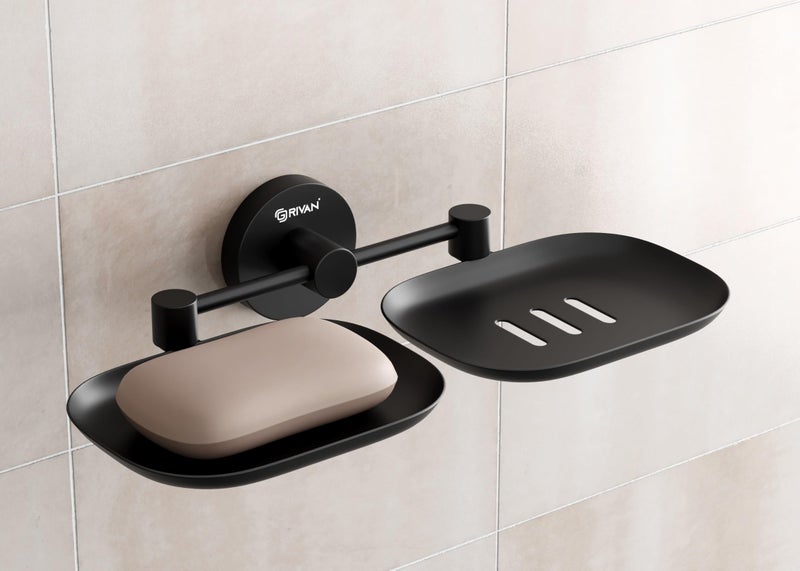 GRIVAN Stainless Steel Round Shape Double Soap Dish l Soap Case I Soap Holder I Soap Stand Corrosion Free Double Soap Holder (Black Matte, Pack of 1) - Image 1