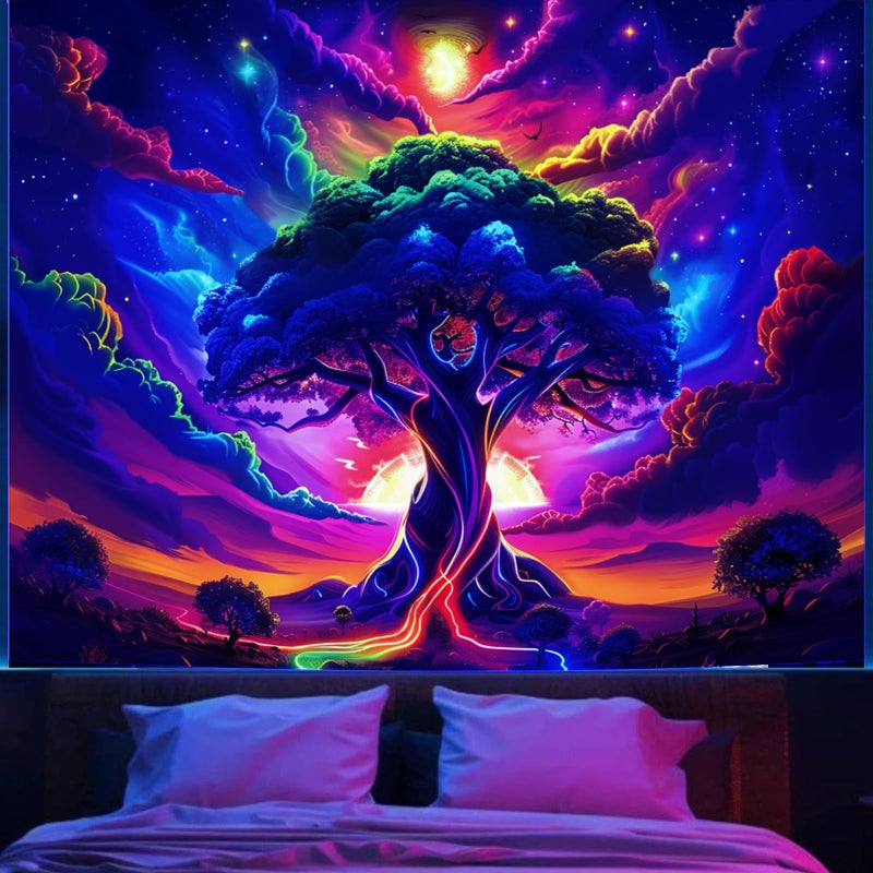 Apdidl Blacklight Posters Tree of Life Tapestry for Bedroom Aesthetic, Black Light UV Reactive Starry Sky Space Tapestries, Colorful Nature Landscape Wall Hanging for Living Room Decor (51"X60") - Image 1