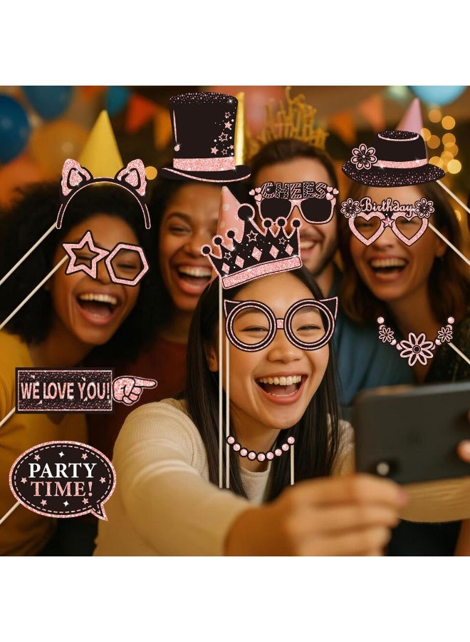 39 Pcs Birthday Photo Booth Props Kit Happy Birthday Graduation Wedding Party Favors Supplies Bday Party Decor Photobooth Funny Cute Holiday Selfie Supplies(Rose Gold and Black) - Image 5