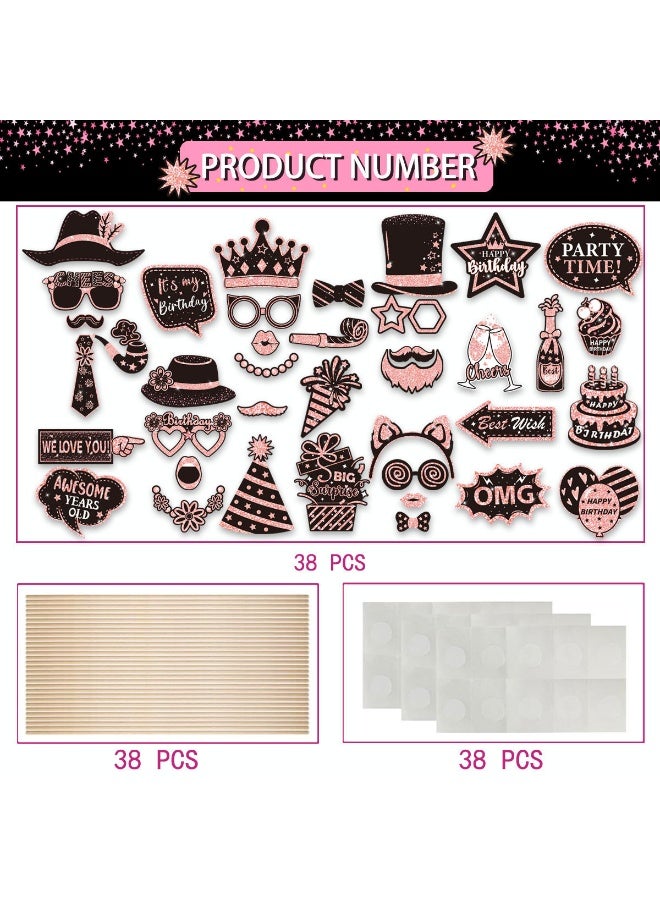 39 Pcs Birthday Photo Booth Props Kit Happy Birthday Graduation Wedding Party Favors Supplies Bday Party Decor Photobooth Funny Cute Holiday Selfie Supplies(Rose Gold and Black) - Image 2