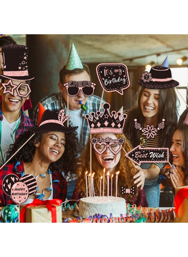 39 Pcs Birthday Photo Booth Props Kit Happy Birthday Graduation Wedding Party Favors Supplies Bday Party Decor Photobooth Funny Cute Holiday Selfie Supplies(Rose Gold and Black) - Image 4