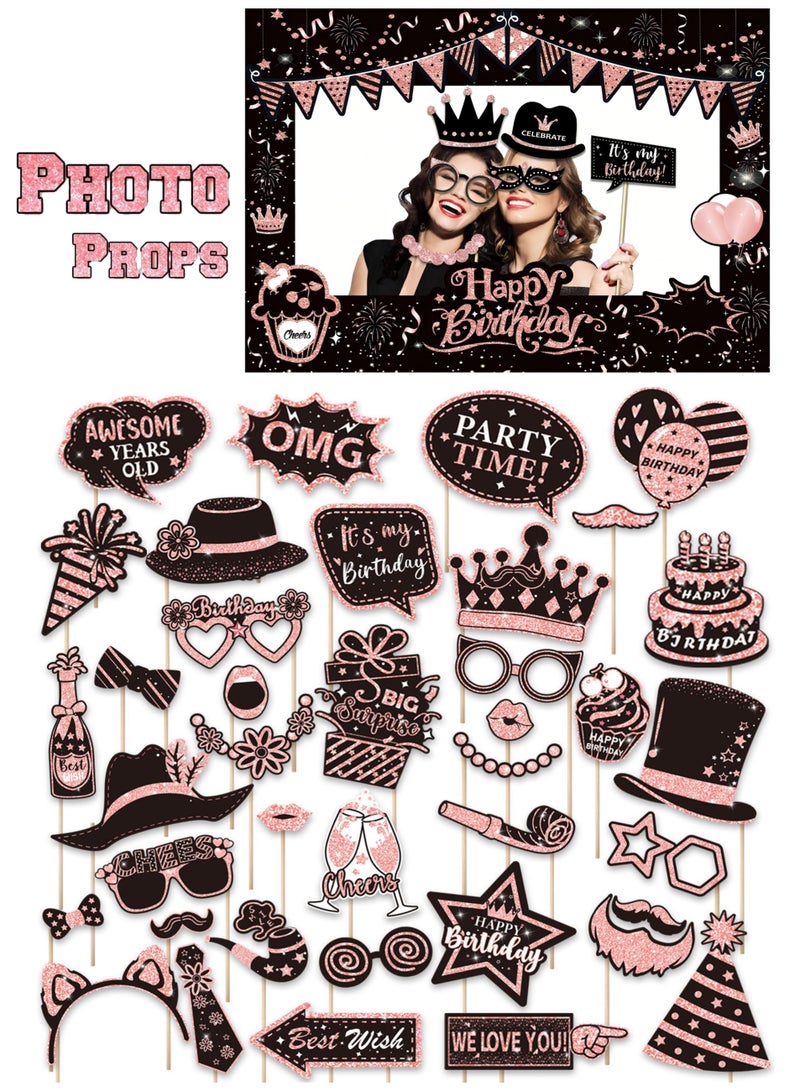 39 Pcs Birthday Photo Booth Props Kit Happy Birthday Graduation Wedding Party Favors Supplies Bday Party Decor Photobooth Funny Cute Holiday Selfie Supplies(Rose Gold and Black) - Image 1