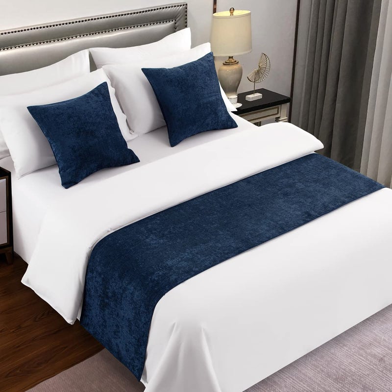 AMBERIS Bed Runner Dark Blue Chenille Soft No Fading Modern Bed Scarf Pillowcases Sold Separately