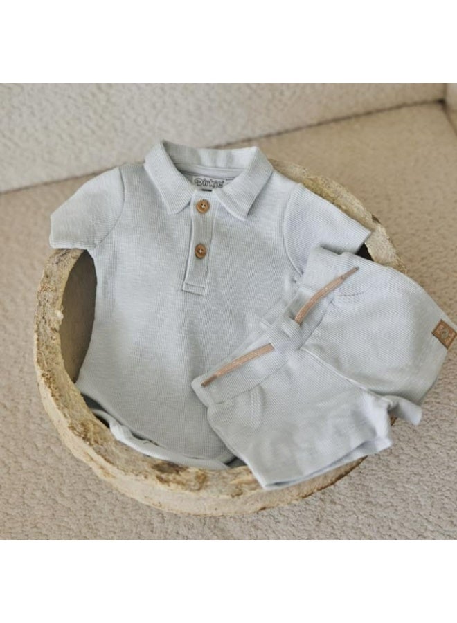 Dirkje Boys Baby Set Romper Shorts Light Blue Off White - Image 4