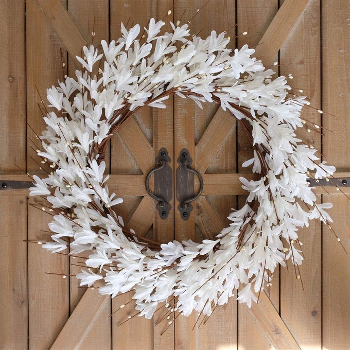 20INCH ARTIFICIAL FORSYTHIA FLOWER WREATH SPRING SUMMER FALL WREATH SILK LEAVES WREATH FOR FRONT DOOR WREATH PORCH FARMHOUSE PATIO GARDEN HOME DECOR WHITE