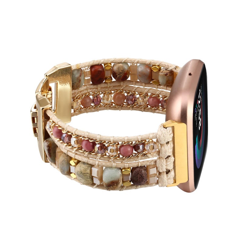 Wingoden Bracelet Bands Compatible with Fitbit Versa 4/3/Sense 2/Sense Band for Women, Leather Beaded Watch Strap Natural Stone Wrap Boho Watch Band for Fitbit Versa 4 Bands Replacement, Beige Beads - Image 1