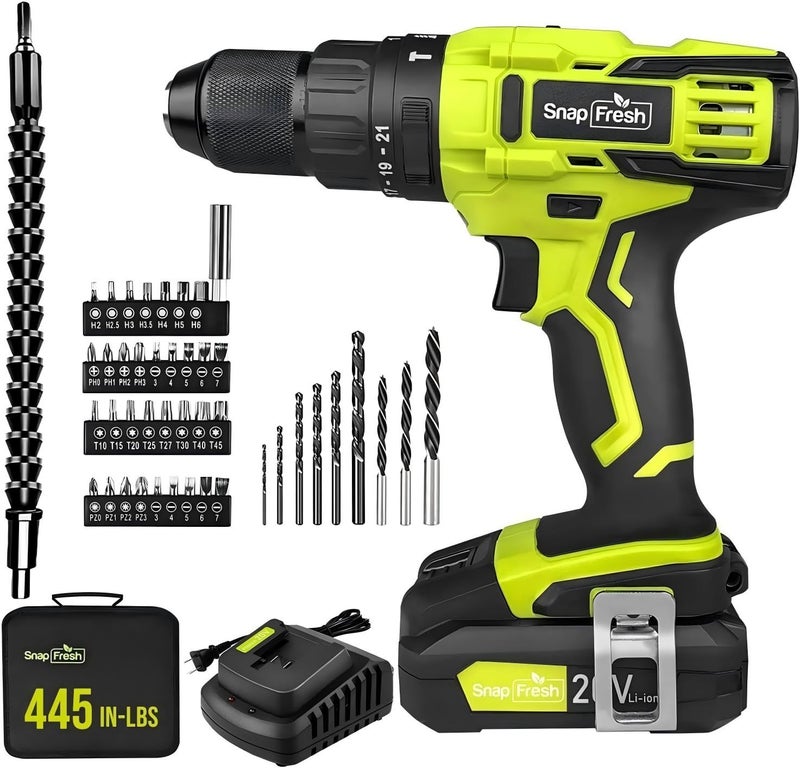 Snapfresh 20V Cordless Impact Drill-1/2"" Power Drill/Driver Set 445In-Lbs Torque Max 2 Variable Speeds  43Pcs Bits W/Case 2.0Ah Battery & Fast Charger Included  Power Tools - Image 1