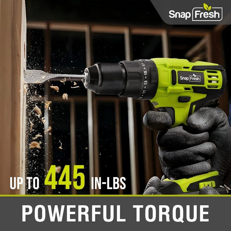 Snapfresh 20V Cordless Impact Drill-1/2"" Power Drill/Driver Set 445In-Lbs Torque Max 2 Variable Speeds  43Pcs Bits W/Case 2.0Ah Battery & Fast Charger Included  Power Tools - Image 2