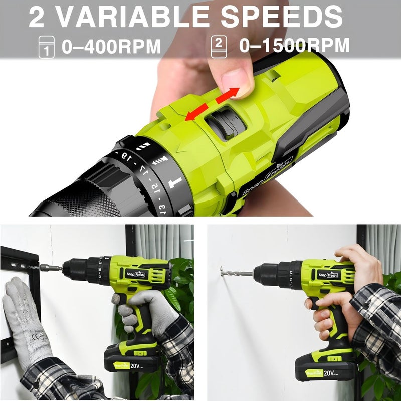 Snapfresh 20V Cordless Impact Drill-1/2"" Power Drill/Driver Set 445In-Lbs Torque Max 2 Variable Speeds  43Pcs Bits W/Case 2.0Ah Battery & Fast Charger Included  Power Tools - Image 4