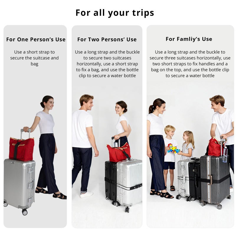 PUFFIN TRIP Luggage Straps 3 PCS for Suitcases TSA Approved 2 Short & 1 Long Adjustable Straps with Elastic Thick Rope for Connecting Suitcases and Bags Stably with Strap Buckle and Bottle Buckle Clip, Black - Image 3