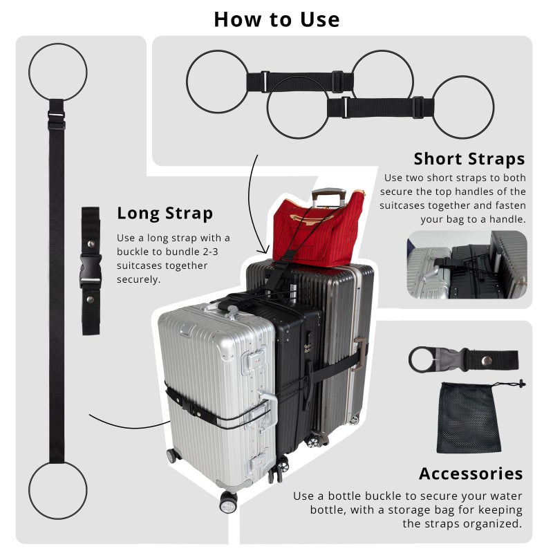 PUFFIN TRIP Luggage Straps 3 PCS for Suitcases TSA Approved 2 Short & 1 Long Adjustable Straps with Elastic Thick Rope for Connecting Suitcases and Bags Stably with Strap Buckle and Bottle Buckle Clip, Black - Image 4