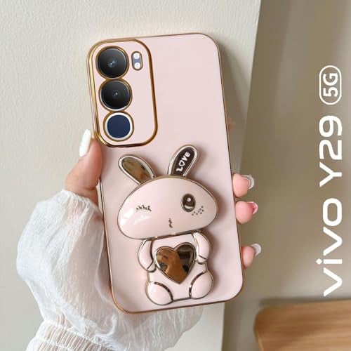 KC Back Cover for Vivo Y29 5G - Hidden Love Rabbit Folding Bracket Kickstand Electroplated Soft Silicone Camera Protection Case - Pink - Image 4