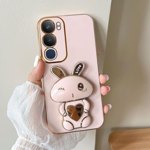KC Back Cover for Vivo Y29 5G - Hidden Love Rabbit Folding Bracket Kickstand Electroplated Soft Silicone Camera Protection Case - Pink - Image 1
