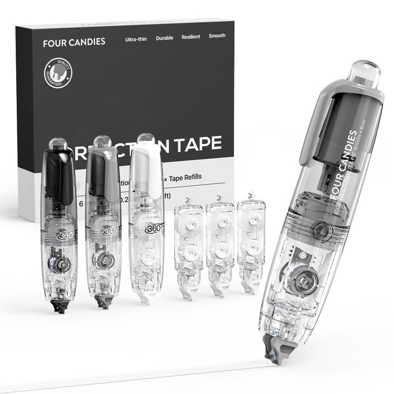 Four Candies Refillable Retractable White Out Correction Tape, 3PCS White Out with 4 Extra Refills, Easy to Use Mini Aesthetic Pen Shaped Applicator for School Office Supplies - Image 1