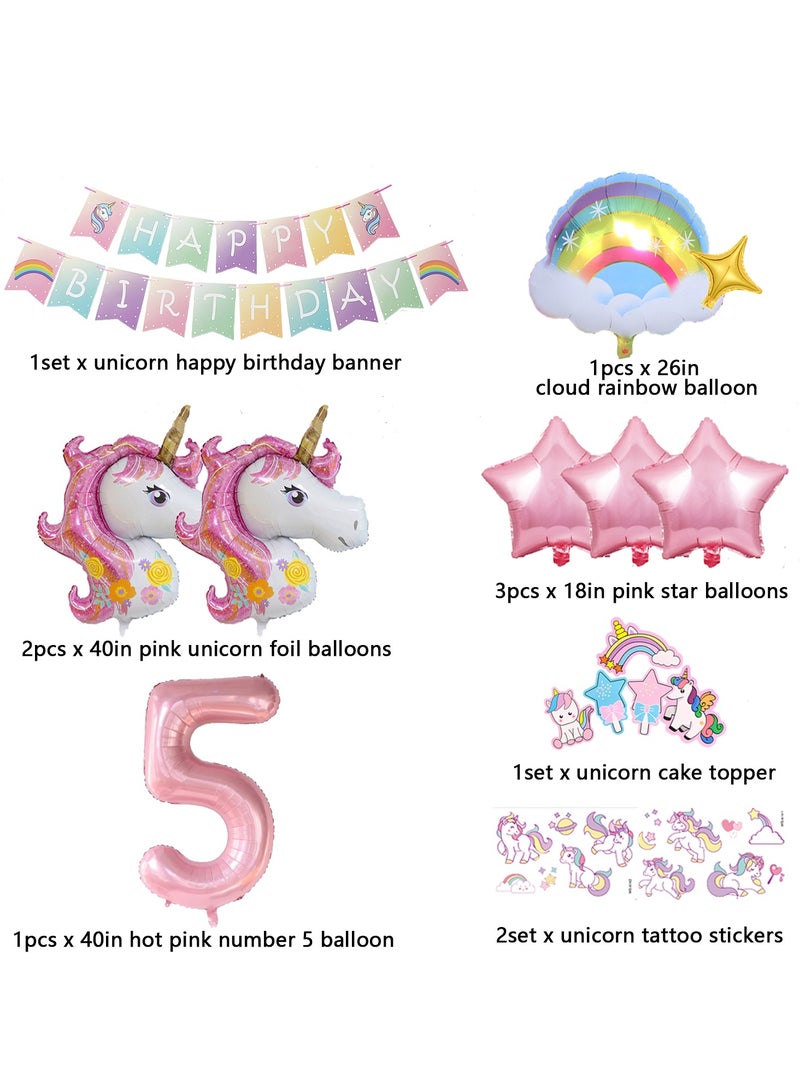 5th Birthday Decoration 43in Unicorn Birthday Balloons for Girls,Pink Unicorn Rainbow Balloon Graland,Unicorn Party Supplies,Happy Birthday Banner,Cake Toppers,Tattoo Tickers  - Image 2